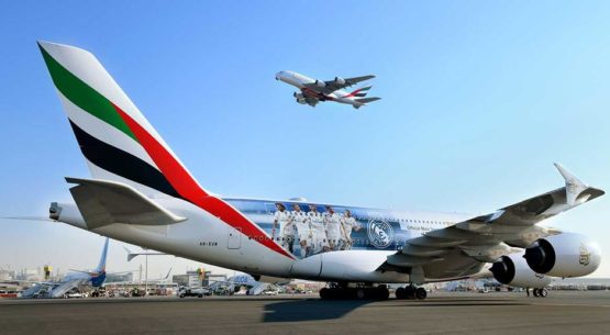 Emirates airline’s new Real Madrid A380 flies squad to Abu Dhabi