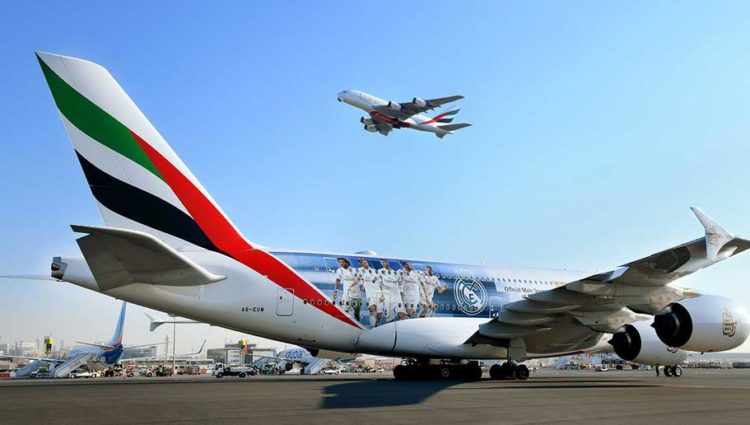 Emirates airline’s new Real Madrid A380 flies squad to Abu Dhabi