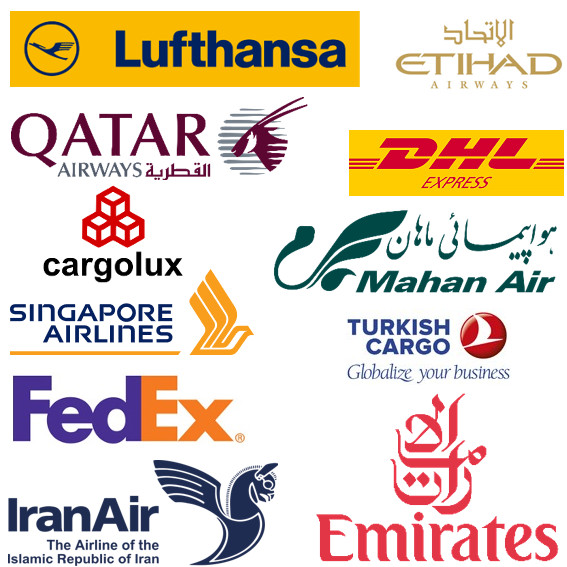Emirates Airlines, Mahan Airlines, DHL Express, Lufthansa, Qatar Airways, Etihad Airways, Cargolux, Singaporean Airlines, Turkish Cargo, Fedex, Iran Air