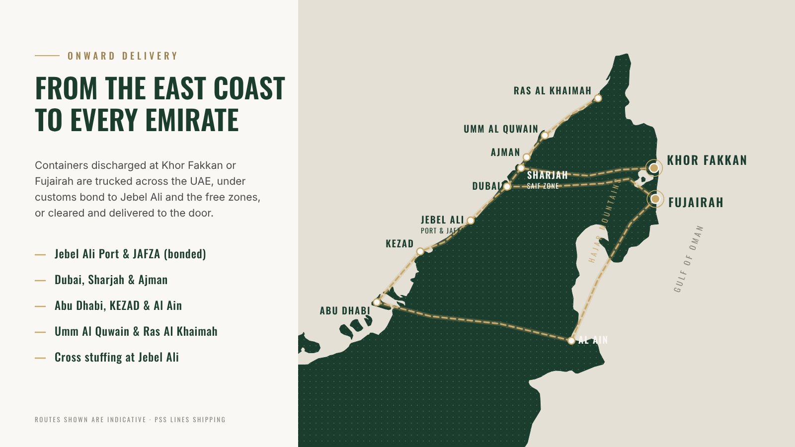 Map of the UAE showing Khor Fakkan and Fujairah on the east coast with trucking routes to Sharjah, Dubai, Jebel Ali, Abu Dhabi and the northern emirates