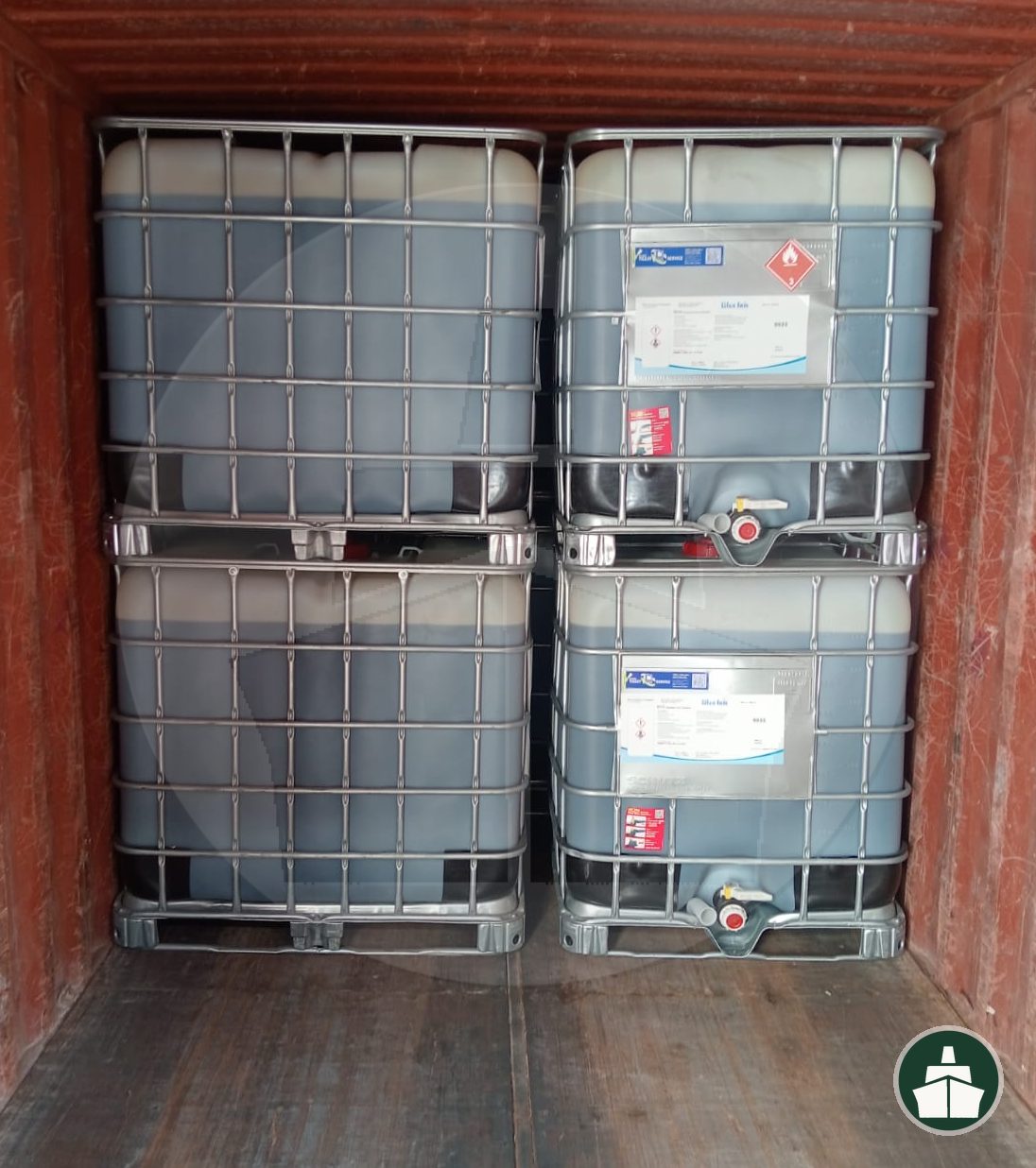 IBC totes of chemical cargo segregated and secured inside a container at Jebel Ali